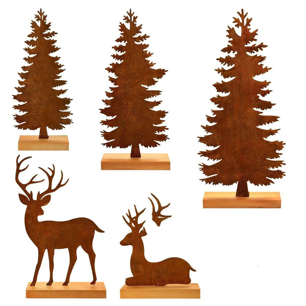 Three metal Christmas tree decorations with elk antlers in rustic finish