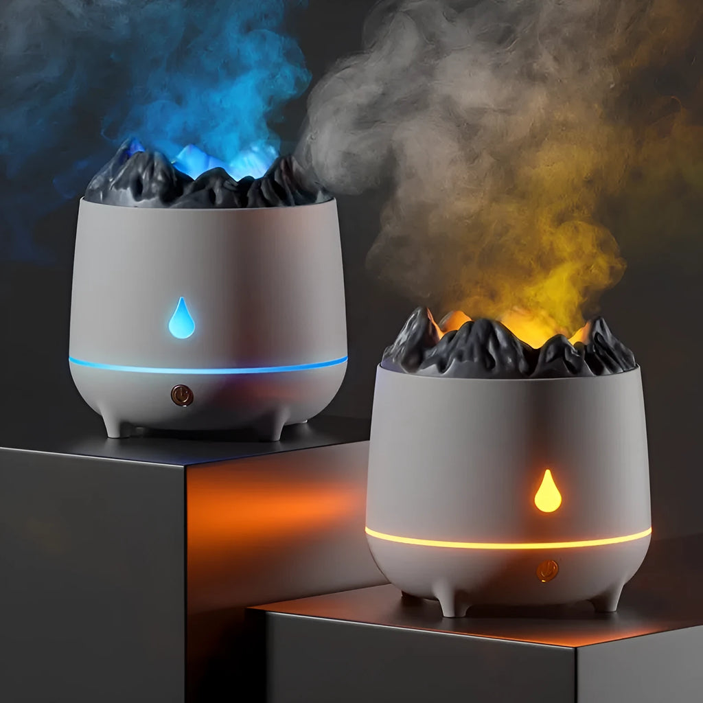 White volcano-shaped ultrasonic humidifier with USB cable on desk in a room
