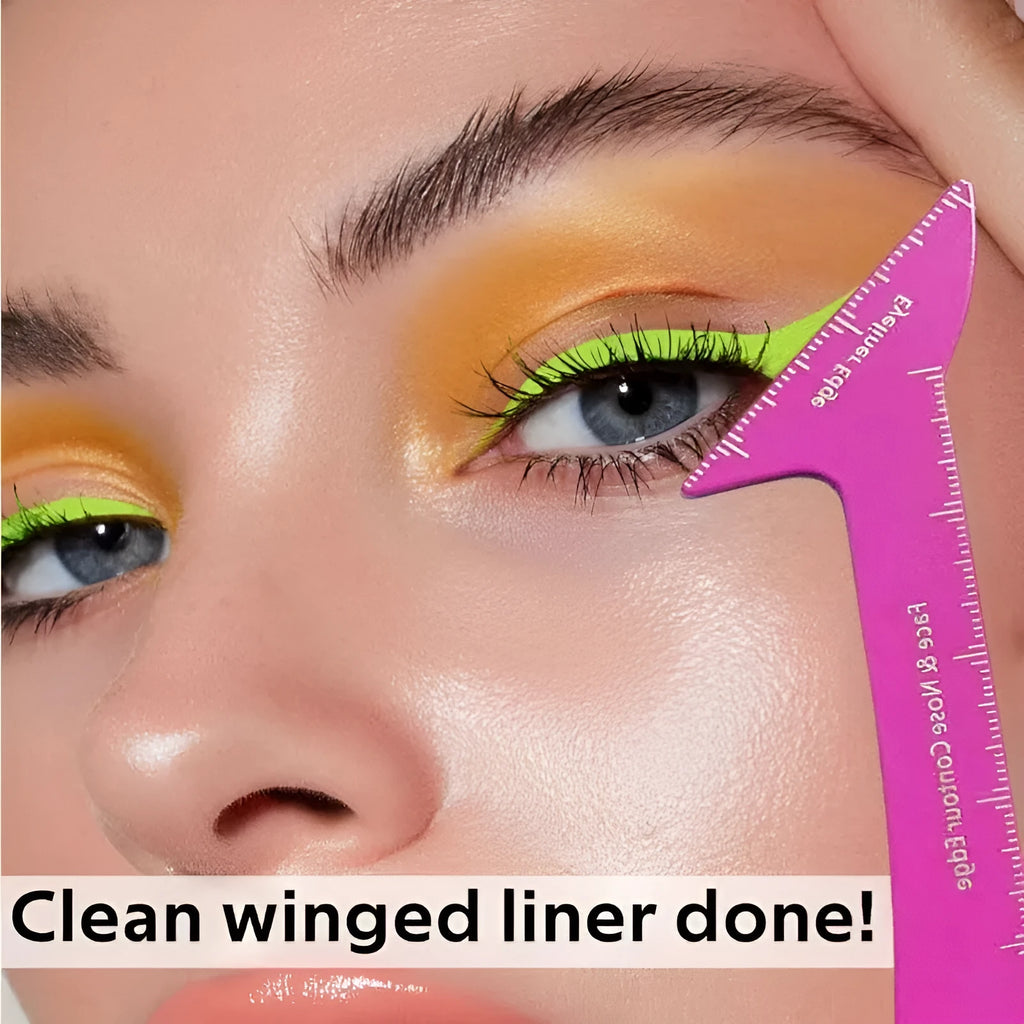 Pink reusable 3-in-1 eyeliner stencil set with four shapes for hooded eyes, wings, eyebrows, and face contouring.
