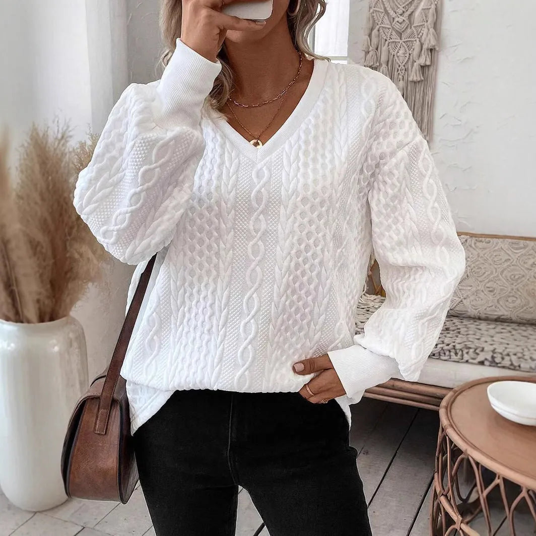 Loose fit long sleeve T-shirt in milky white with 3D pattern detail showing Japanese Korean casual styling