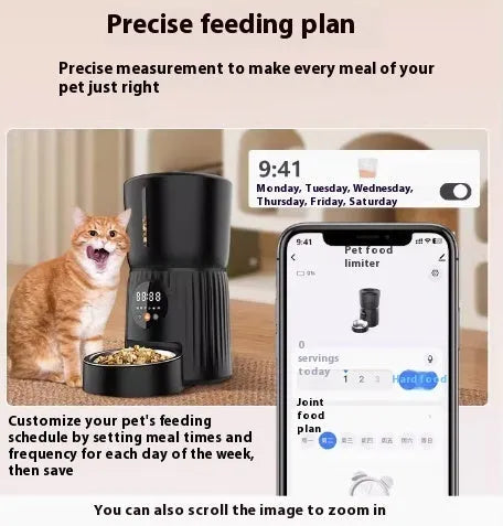 Black and white intelligent pet feeder with USB connection for automatic timed feeding