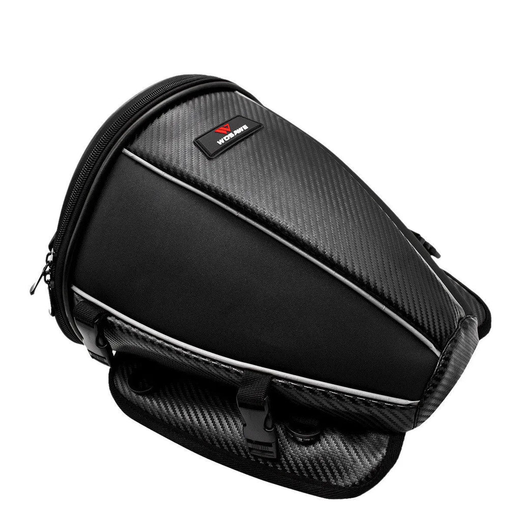 Black motorcycle fuel tank bag with reflective stripe, 15-litre capacity, mounted on a motorcycle seat