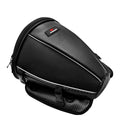 Black motorcycle fuel tank bag with reflective stripe, 15-litre capacity, mounted on a motorcycle seat