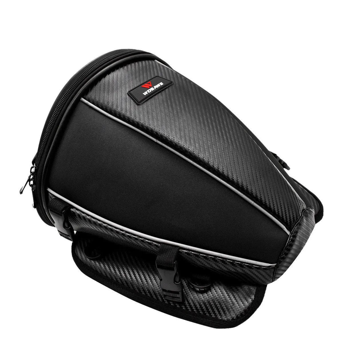 Black motorcycle fuel tank bag with reflective stripe, 15-litre capacity, mounted on a motorcycle seat