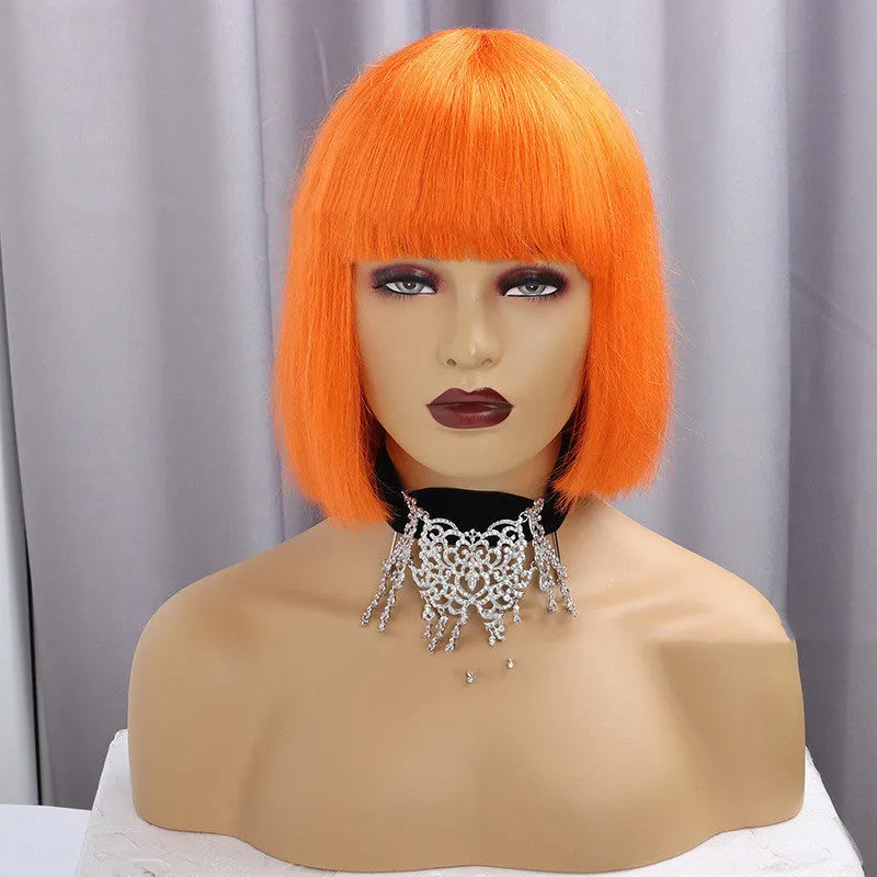 Real hair short straight wig with Qi bangs and full mechanism cap in 10 inch length on a mannequin head