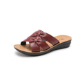 Women's cowhide leather soft bottom non-slip slippers in beige, black, and red colours on a light background