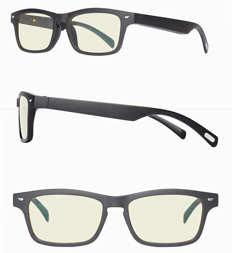 Smart glasses with semi-open ear speakers, polarised lenses, and a unisex PC+ABS frame.