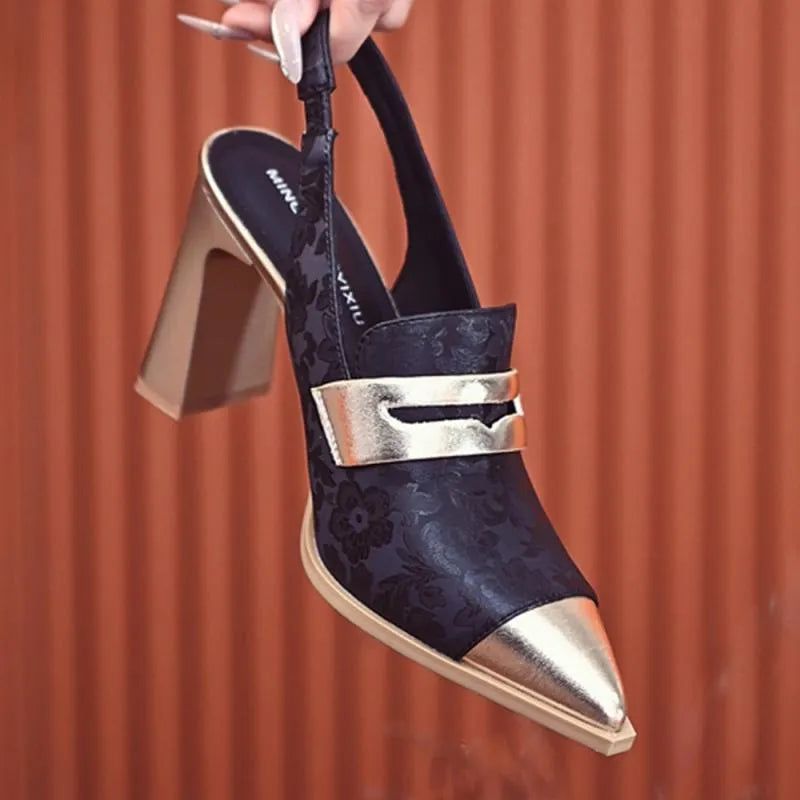 Korean style printed high heels with chunky heel and pointed-toe design in black, champagne and green colours