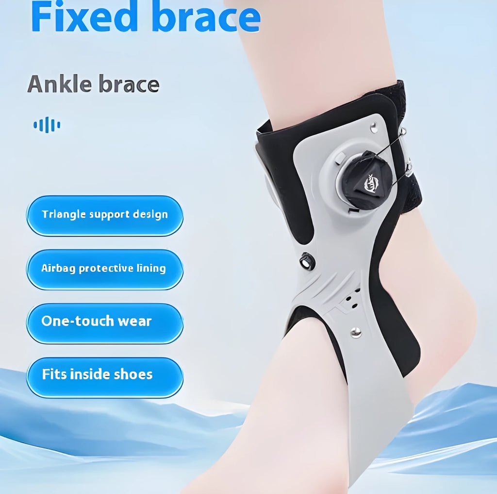 Grey and black ankle fixation brace with airbag button, shown in left and right foot sizes.