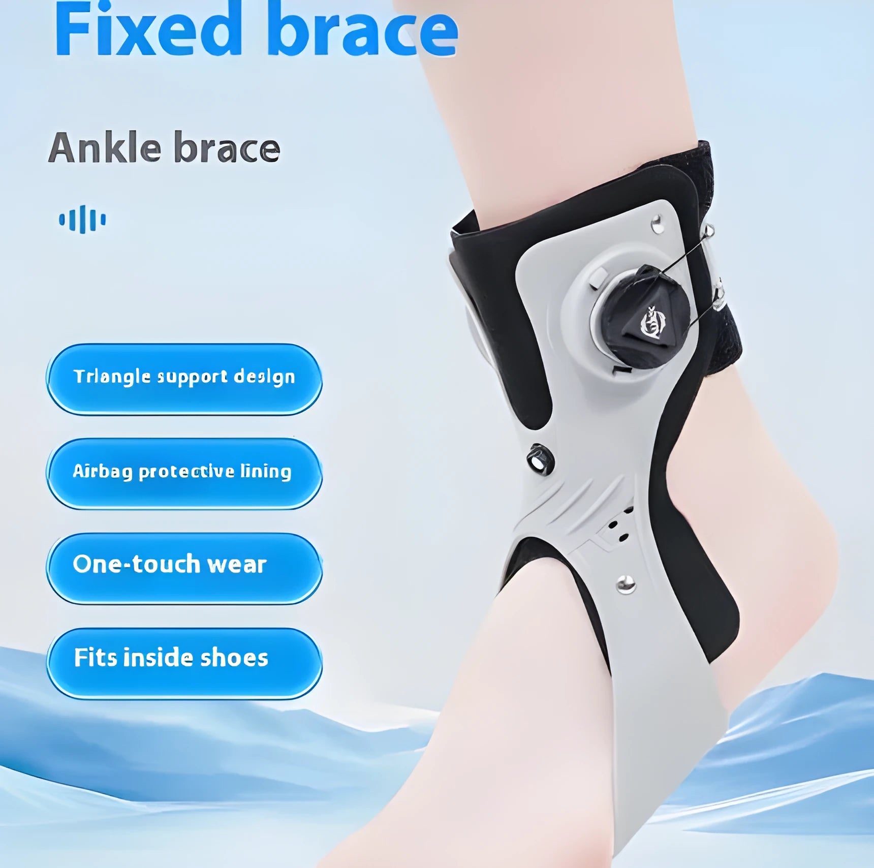Grey and black ankle fixation brace with airbag button, shown in left and right foot sizes.