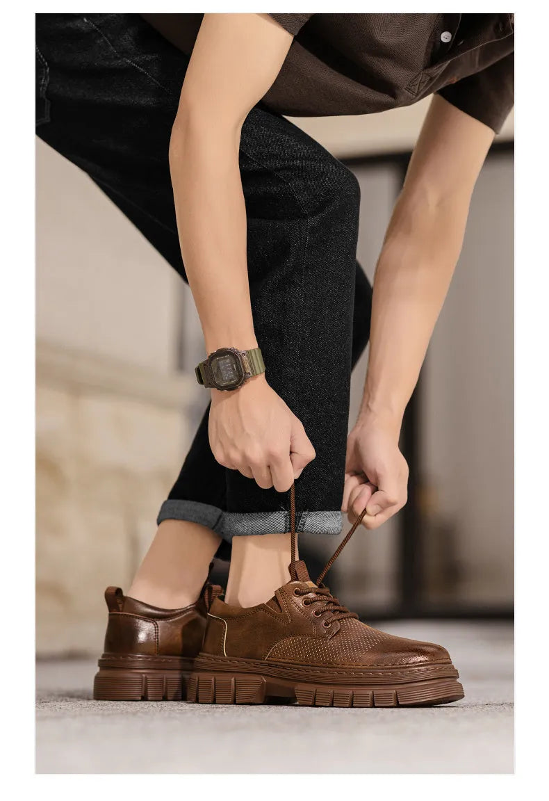 Genuine leather height increasing lace-up work casual shoes in black and brown with low heel and rubber sole