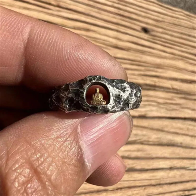 Hand-forged copper Grotto Buddha ring with rock texture and embossed symbol