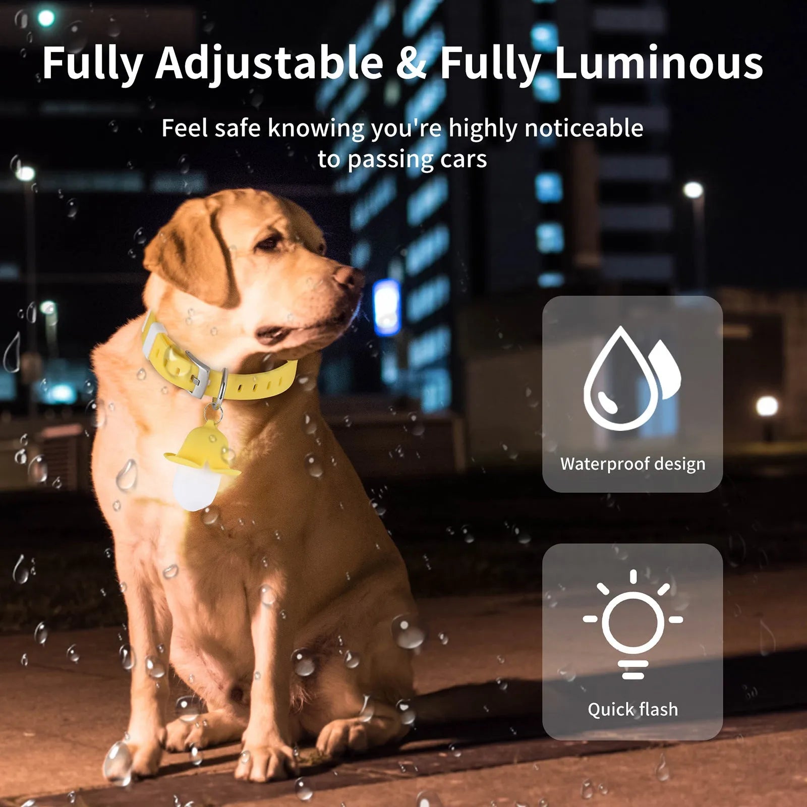 USB rechargeable banana-shaped luminous dog collar light in yellow silicone with geometric pattern and sound function