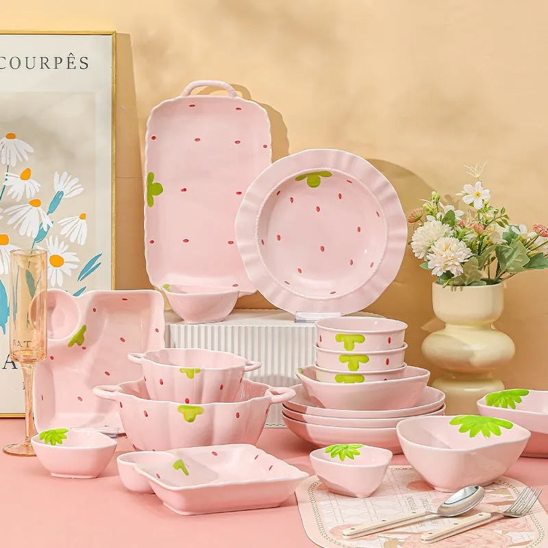 Cute strawberry pattern porcelain dinnerware set with flower bowls, plates, and a twist spoon