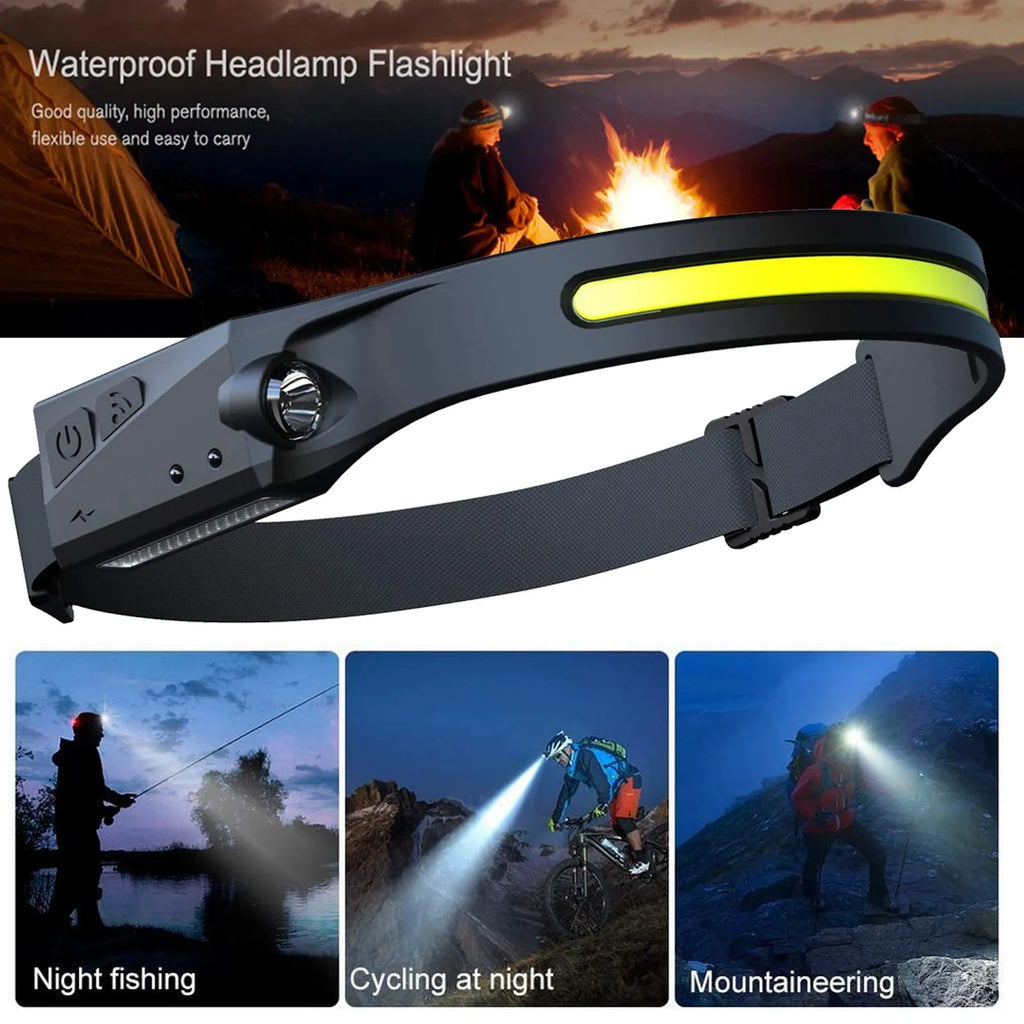 COB LED induction headlamp with wave sensor, silicone headband, USB rechargeable, 230 degree wide angle front beam and separate side LED for 100m long distance