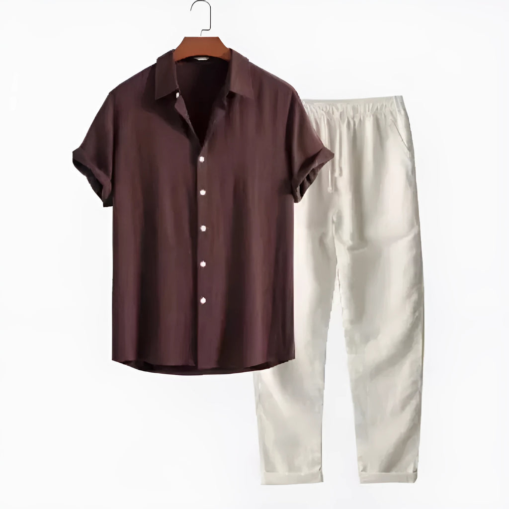 Men's casual matching shirt and trousers set in linen-blend fabric with short sleeves