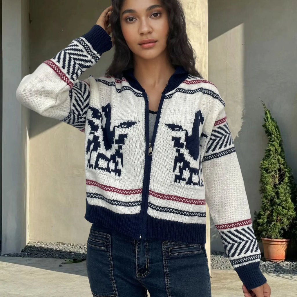 White women's wool zip cardigan with lapel collar and black jacquard contrast stripes.