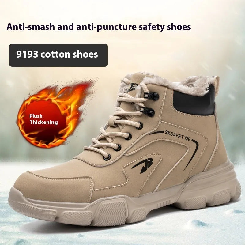 Brown leather anti-smash and puncture resistant lightweight labour protection shoes with rubber sole.