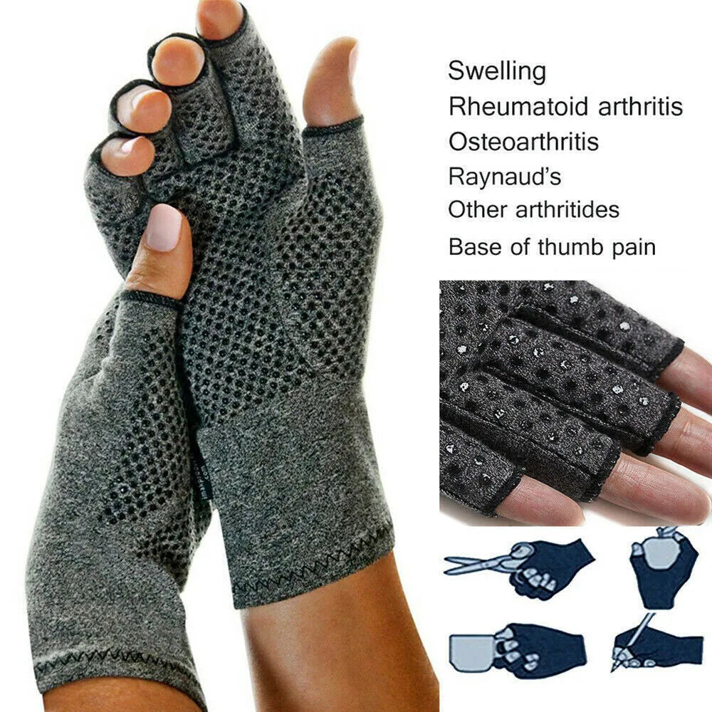 Grey half finger joint compression gloves with anti-slip surface and therapeutic support