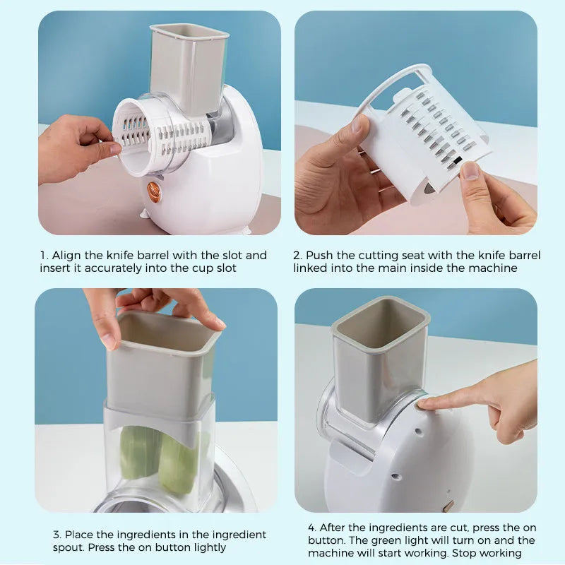 Electric vegetable slicer with suction base in white, showing feeding port and pressing rod