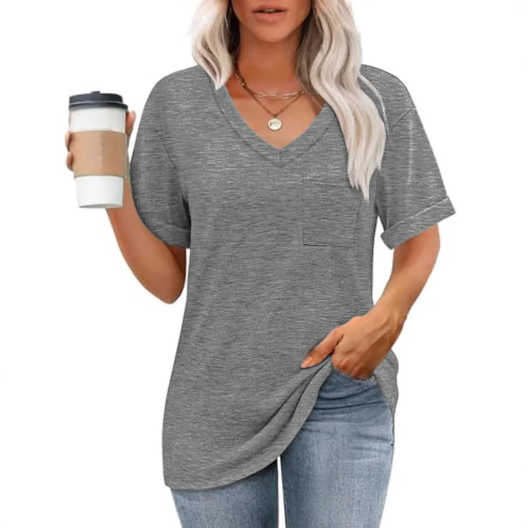 Grey loose fit V-neck short sleeve t-shirt on a hanger