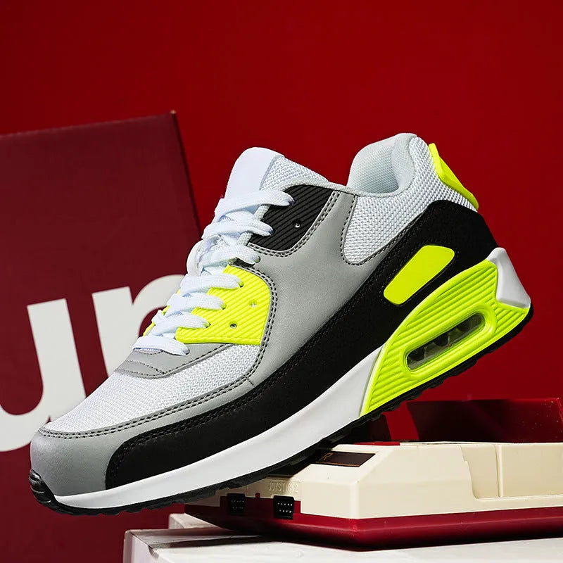 Men's breathable sports sneakers with EVA upper and rubber sole in white black green colourway