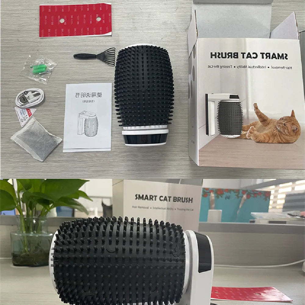 White automatic cat self groomer wall corner brush with ABS frame and silicone bristles, 133 x 96 x 160mm