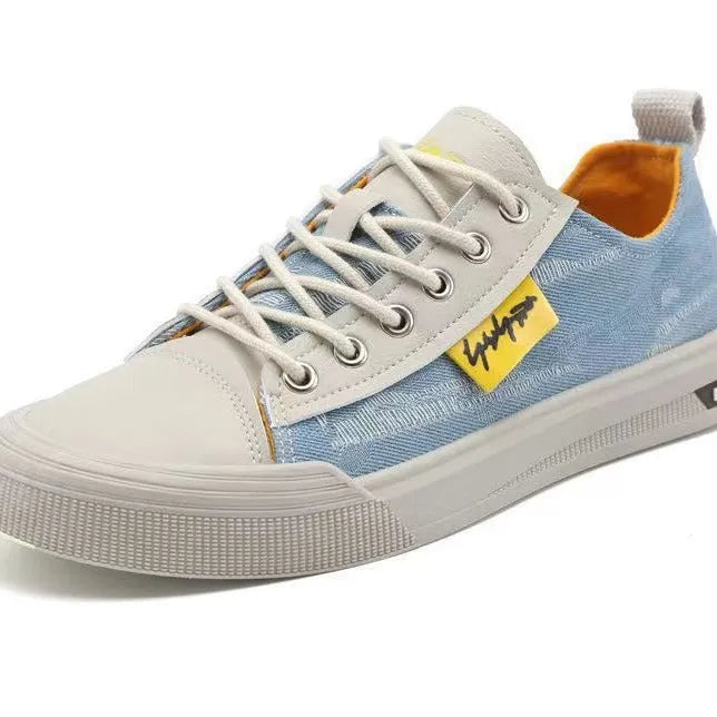 Men's canvas shoes in black, dark blue, and light blue with round toe and rubber sole