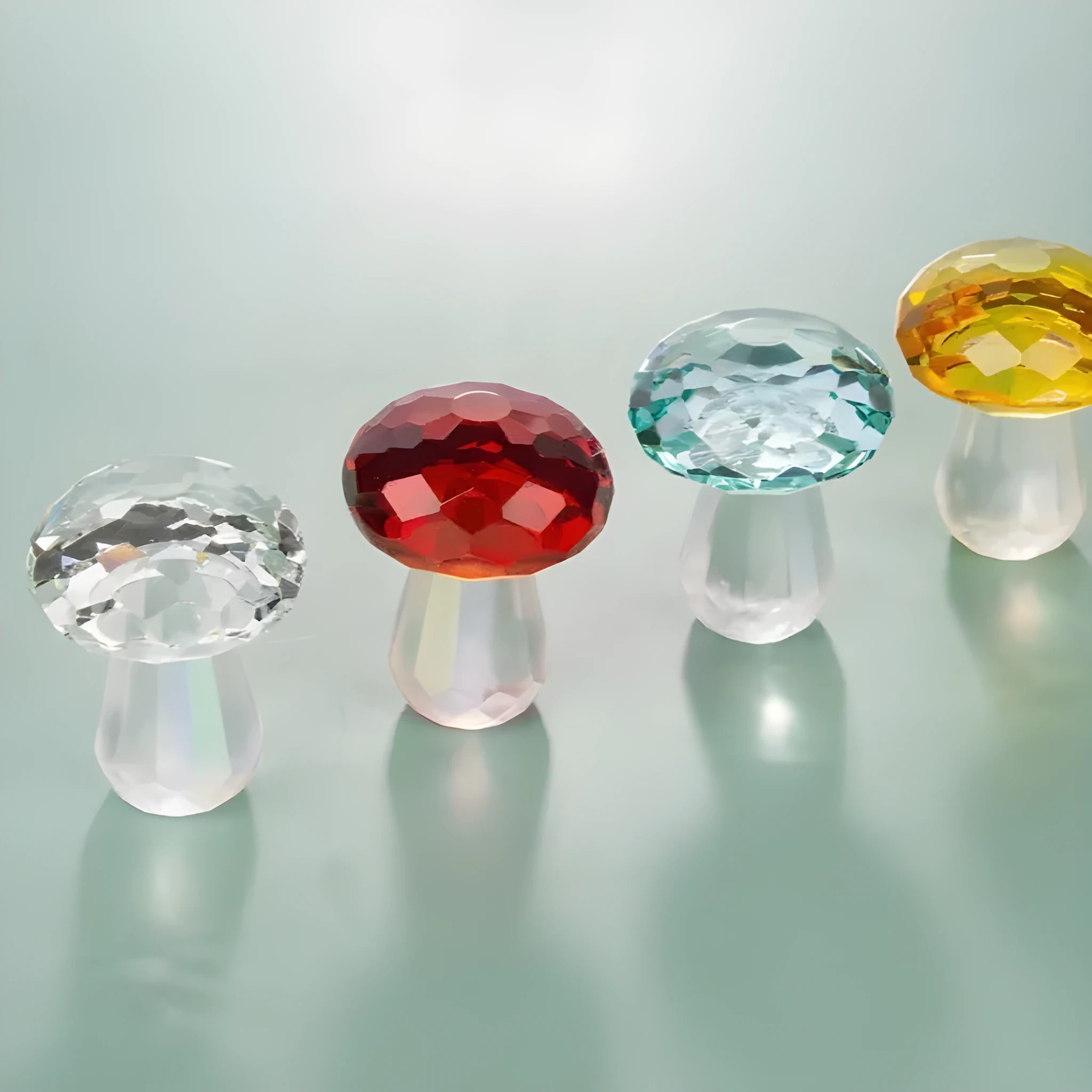 Colourful crystal mushroom decorative ornaments in geometric style on white background