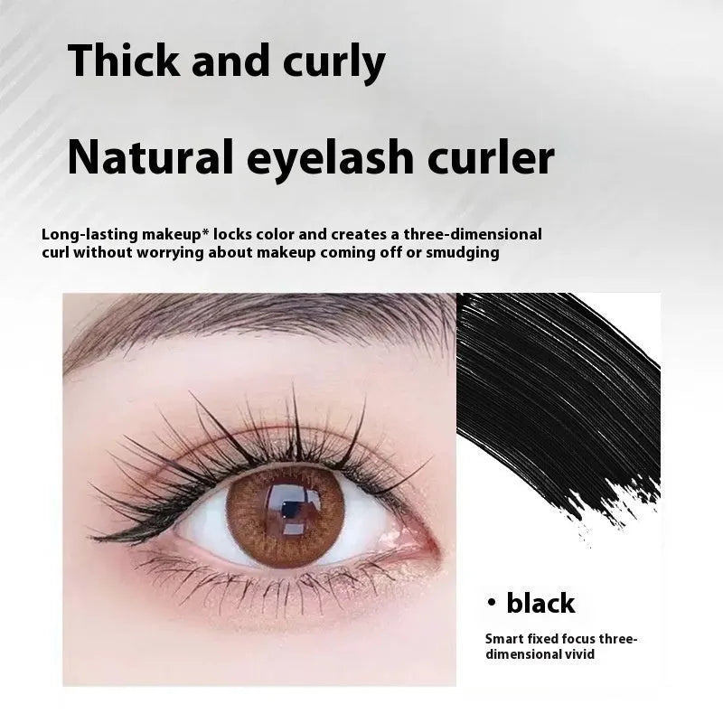 Steel tube waterproof mascara in black and brown shades shown with an eyelash curler.