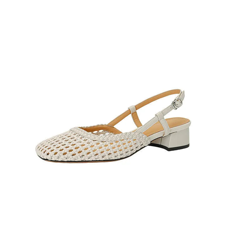 Women's woven hollow-out sandals with chunky heel and square toe in black microfibre