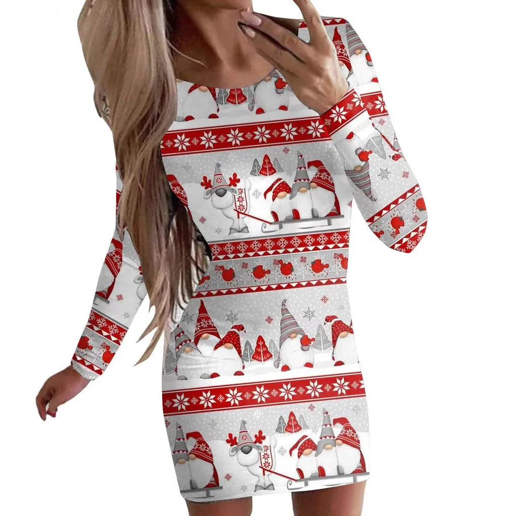 Women's Christmas printed dress with animal patterns, round neck, long sleeves, and hip skirt cut
