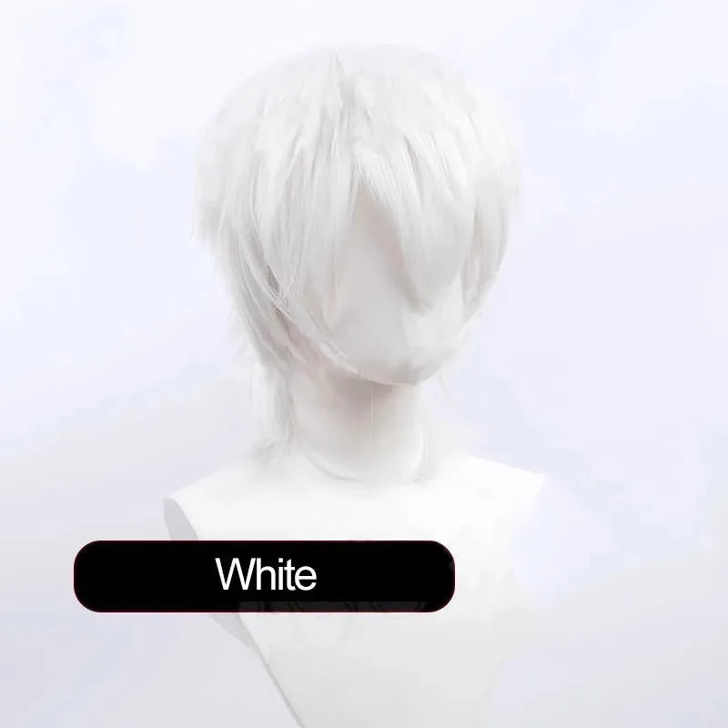 Short anime style cosplay wig with lengthened hair tail on a stand, shown in a solid colour.