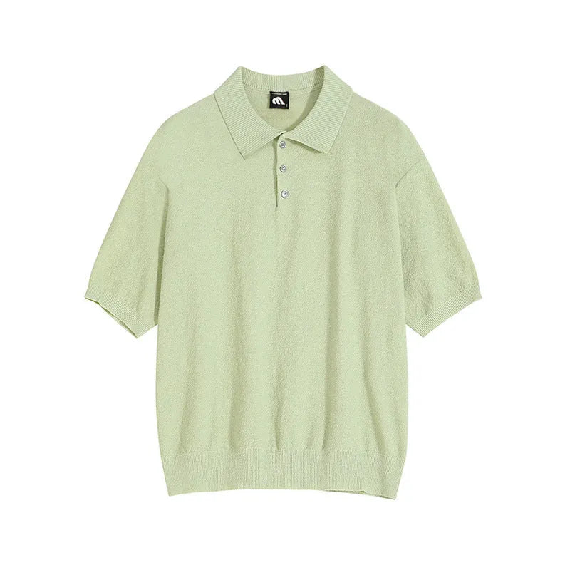 Men's caramel retro knitted polo shirt with asymmetric design and short sleeves