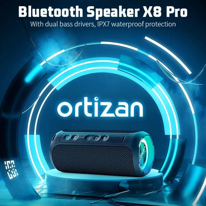 Black and blue fabric Bluetooth speaker with LED lights, showing side view with control buttons.