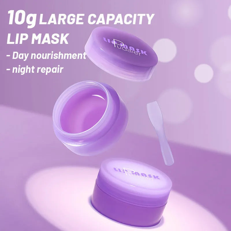 10ml pot of lip balm exfoliating mask and a metal lip scraper tool on a white background.