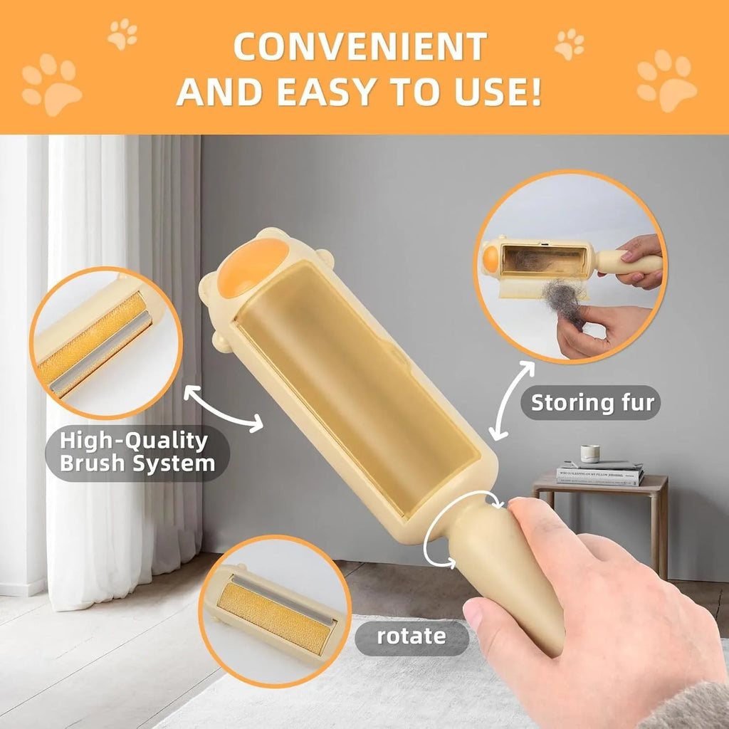Blue reusable pet hair removal roller with self-cleaning base on a fabric sofa.