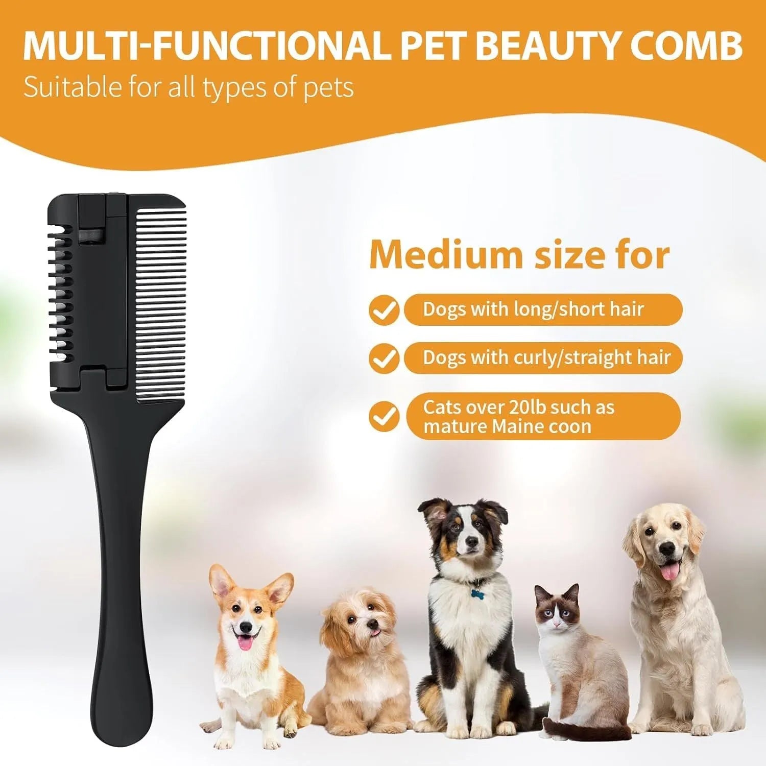 Silver 2-in-1 dog and cat razor comb with comb teeth and trimming blade, shown with spare blades.