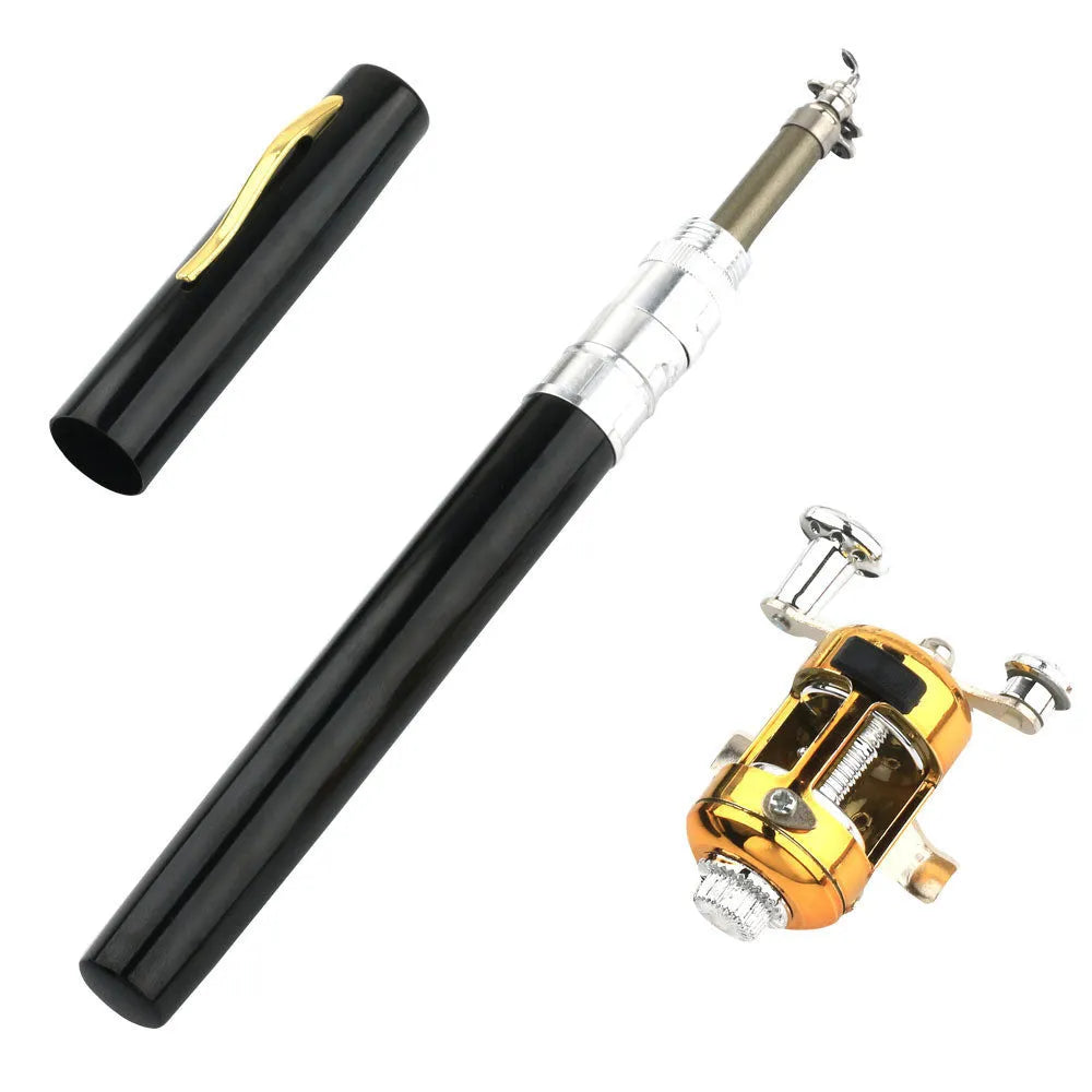 Compact telescopic pen fishing rod and reel kit collapsed to 20.5cm, shown with gold aluminium case.