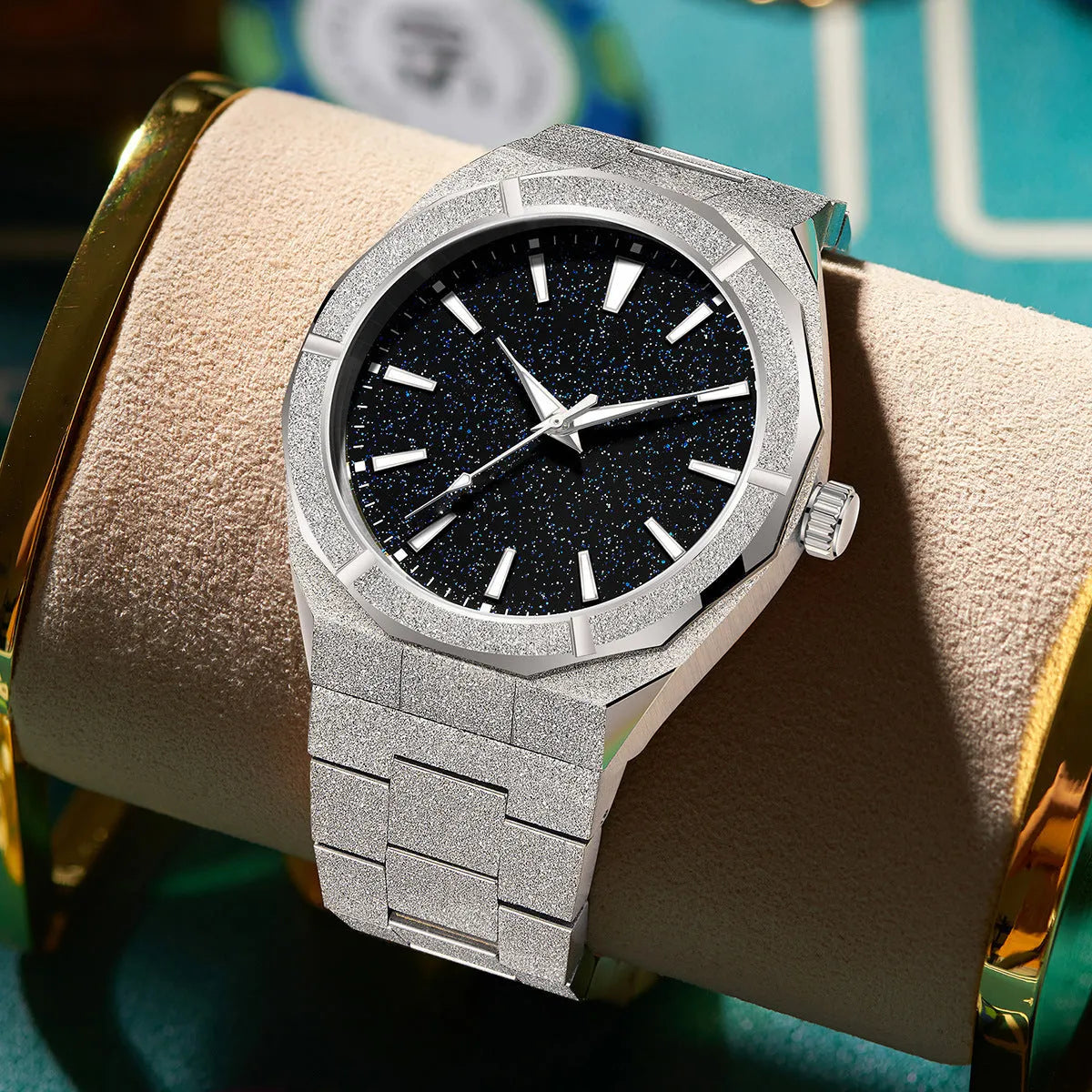 Men's stainless steel business watch with frosted case and luminous markers in black, gold or silver