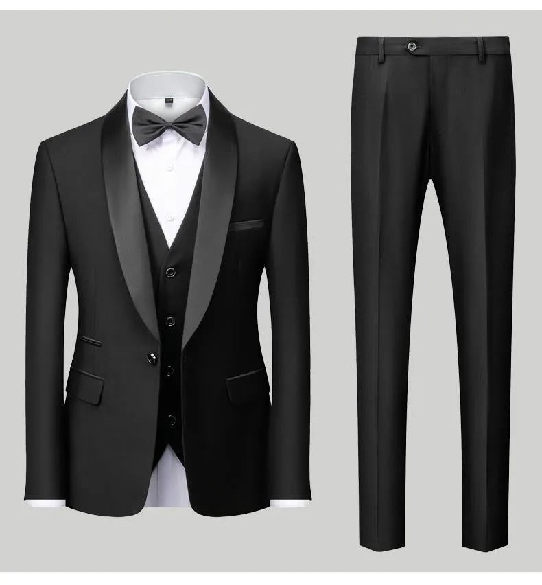 Men's slim-fit three-piece suit set in green fruit collar style, cotton blend fabric, for wedding and stage use.