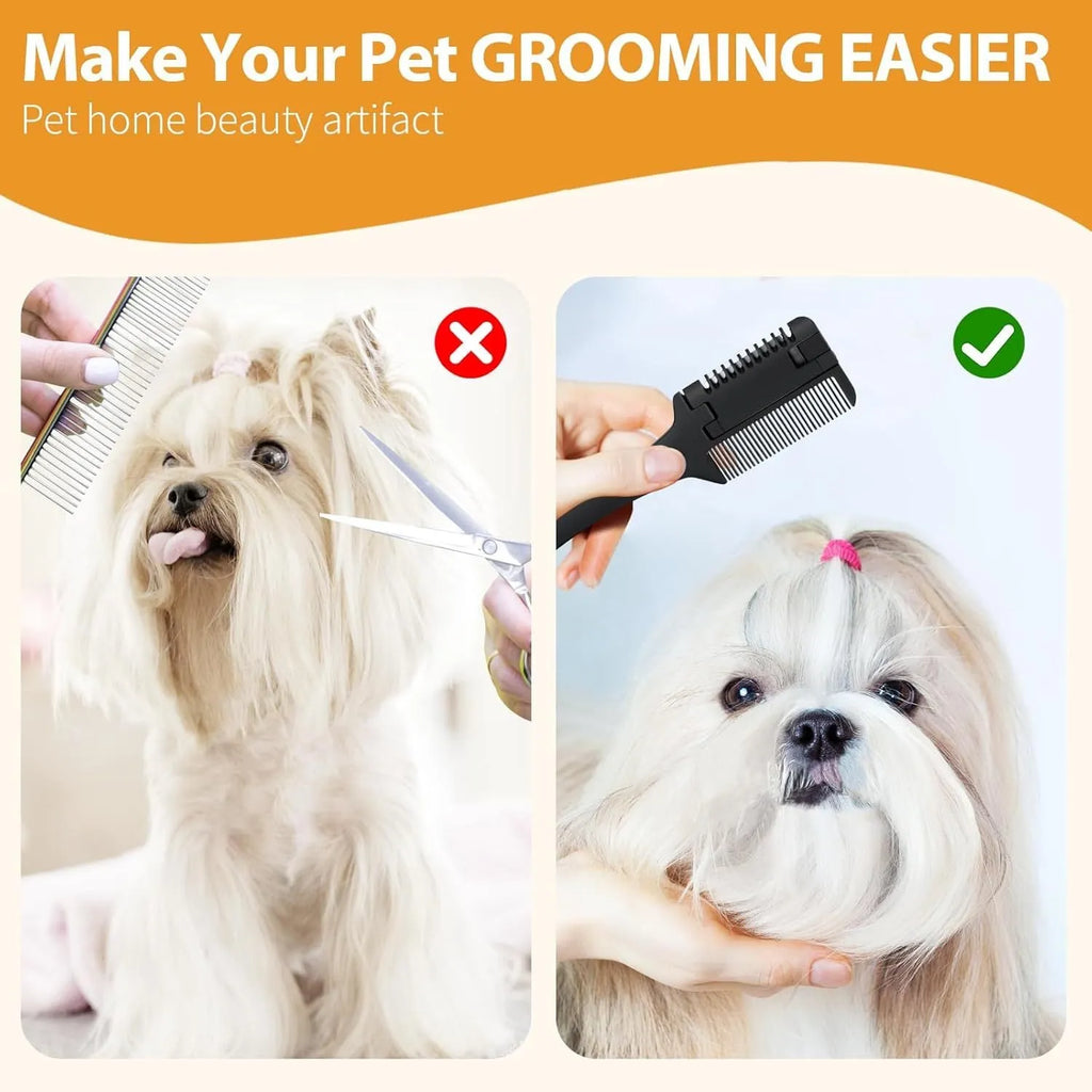 Silver 2-in-1 dog and cat razor comb with comb teeth and trimming blade, shown with spare blades.