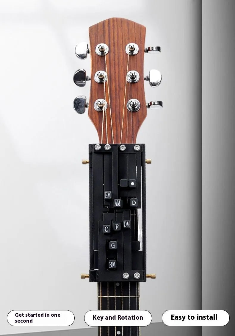 Black guitar chord changer device with automatic gear mechanism for beginner practice