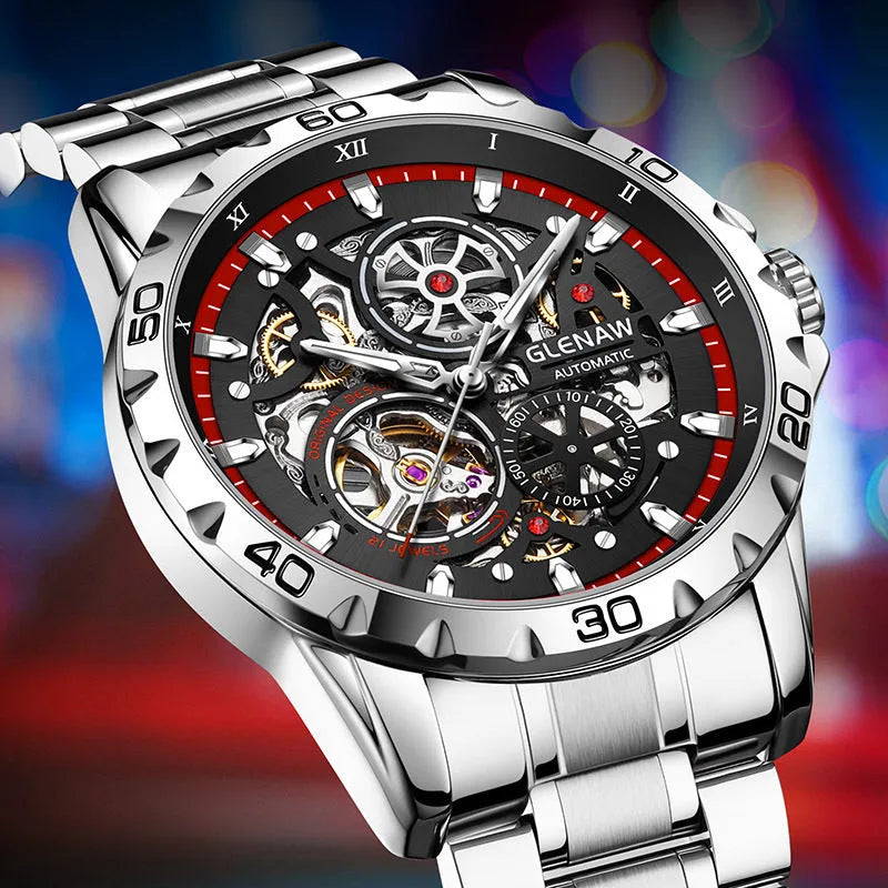 Silver automatic skeleton watch with stainless steel strap and transparent caseback showing mechanical movement
