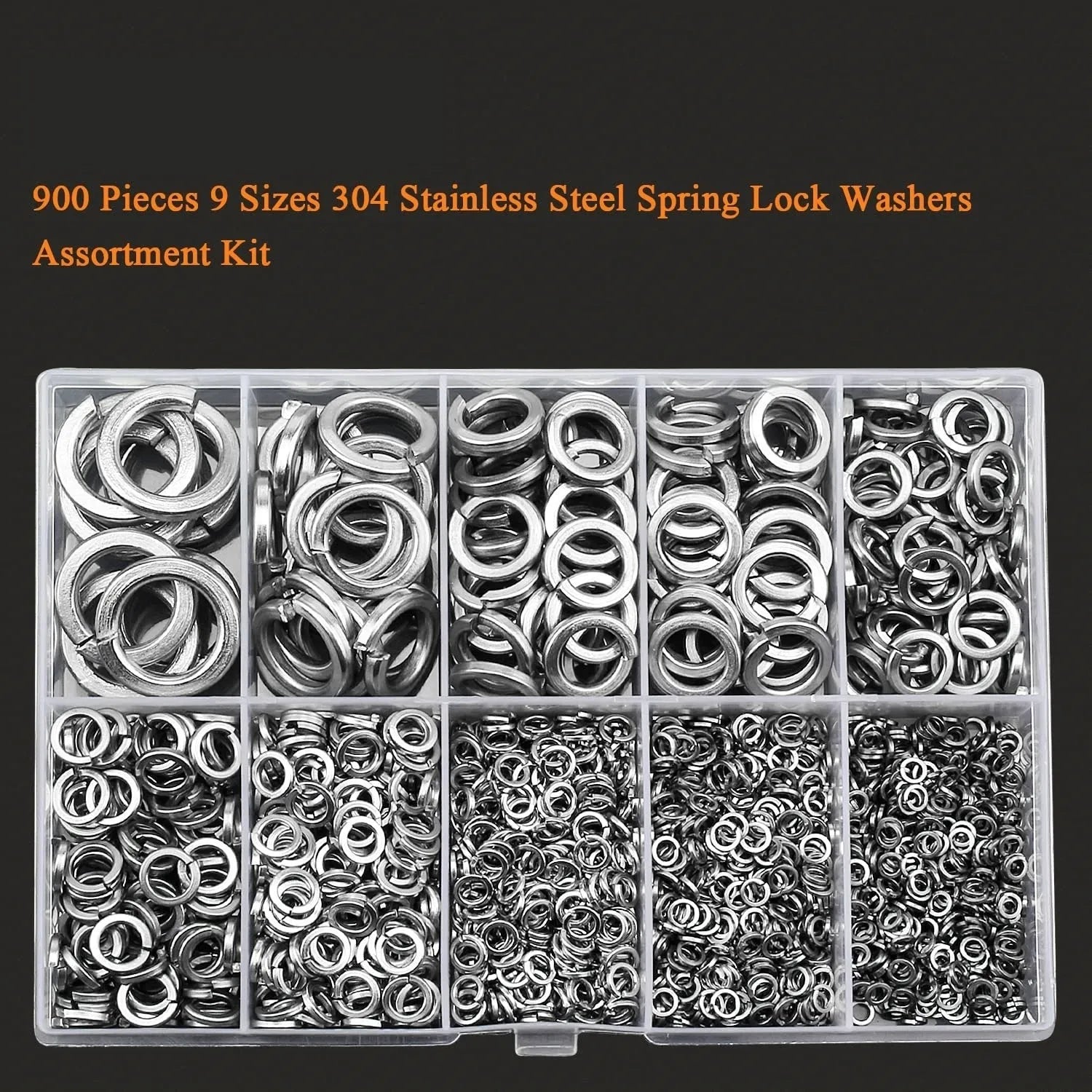 304 stainless steel spring lock washer combination box set with 900 pieces in various sizes