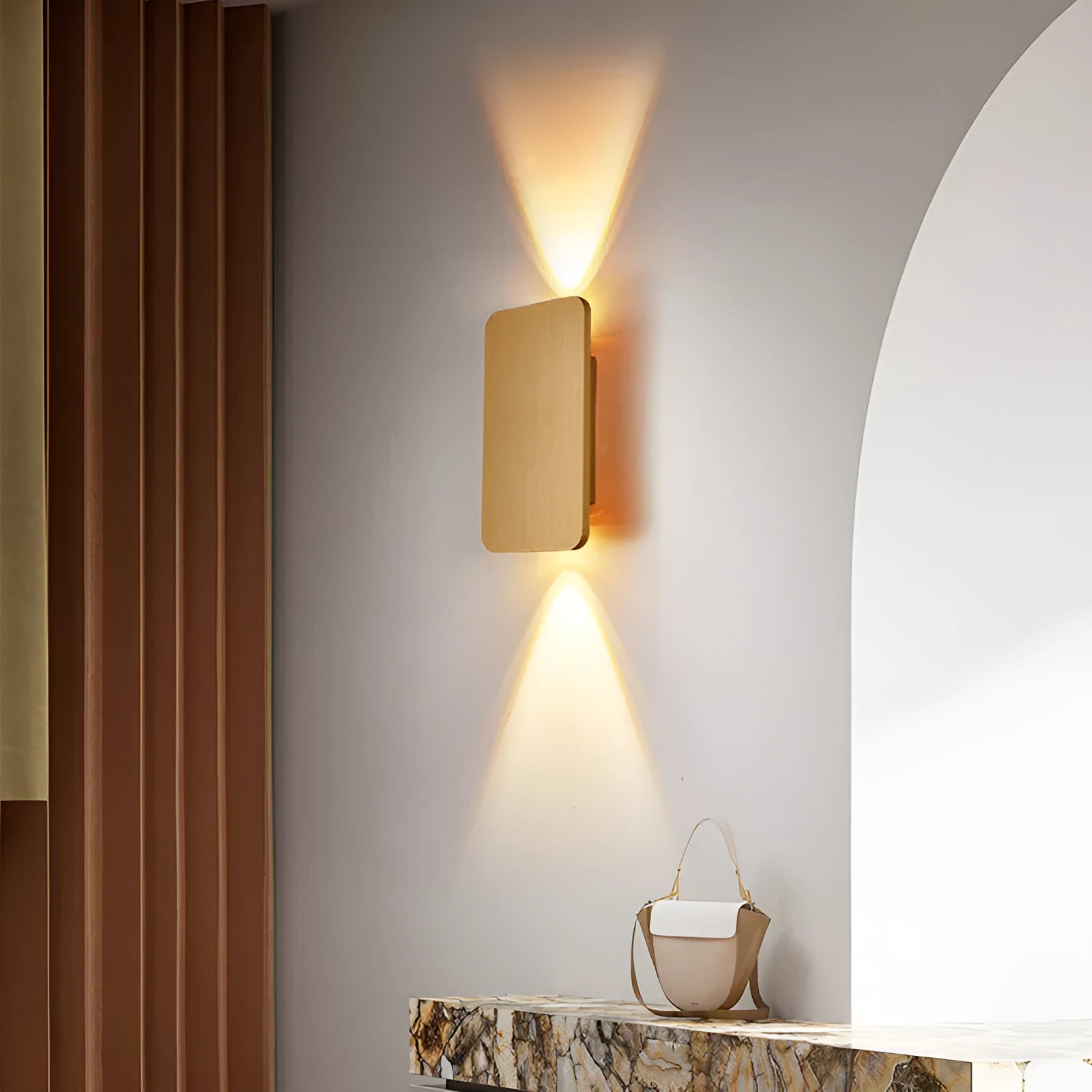 Minimalist modern Nordic metal LED wall lamp in black, mounted on a wall.