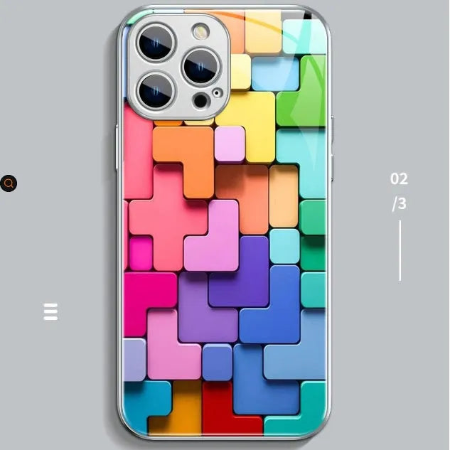 Silicone iPhone case with colourful geometric building block cartoon design on the back.
