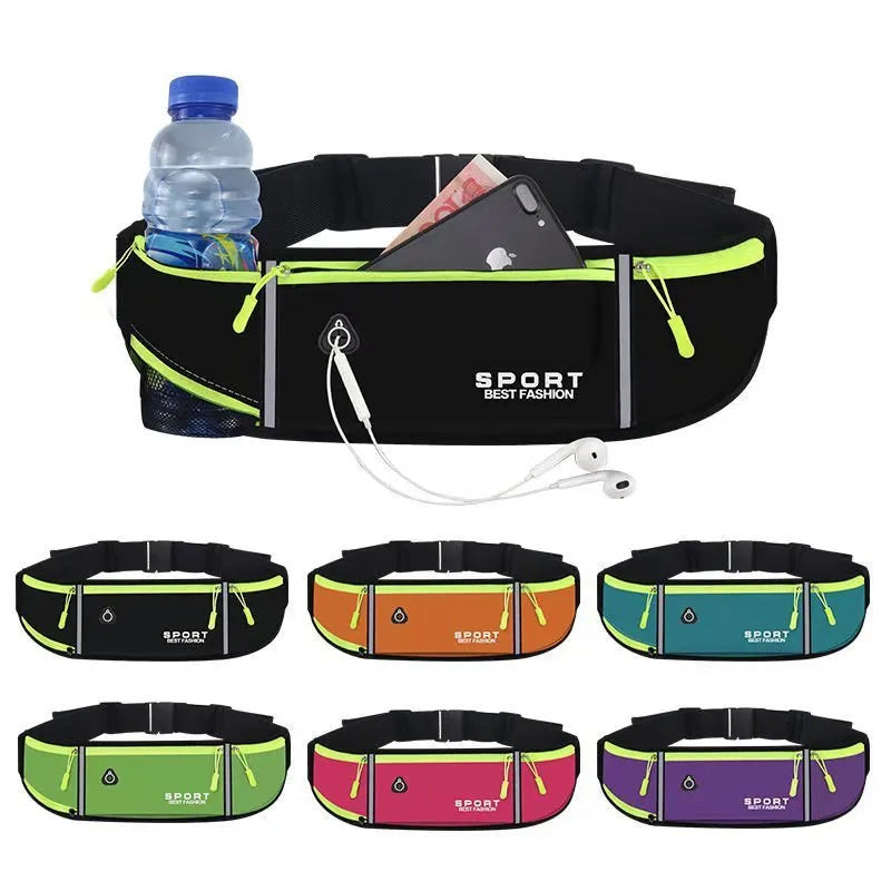 Waterproof Oxford cloth running belt bag in black with multiple pockets and waist strap