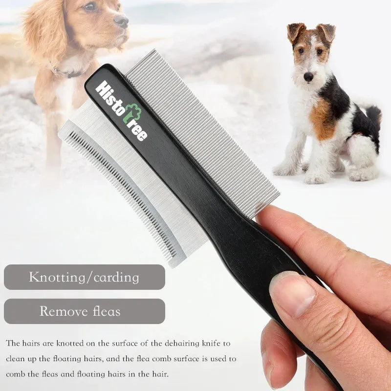 Black double-sided pet hair comb with stainless steel teeth and wood handle on white background