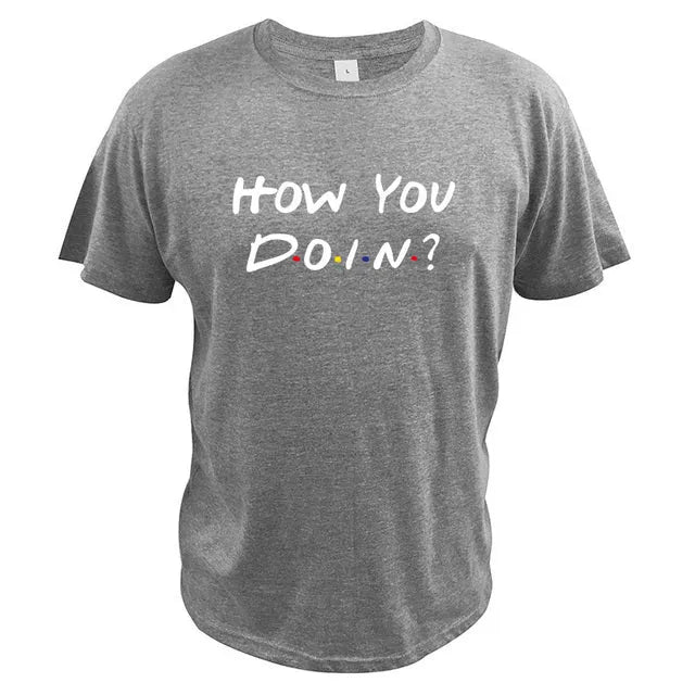 How You Doin t-shirt in black, short sleeve slim fit with bold letter print front view